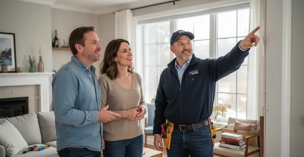 Couple trentenaire et inspecteur discutant dans un salon lumineux de maison québécoise