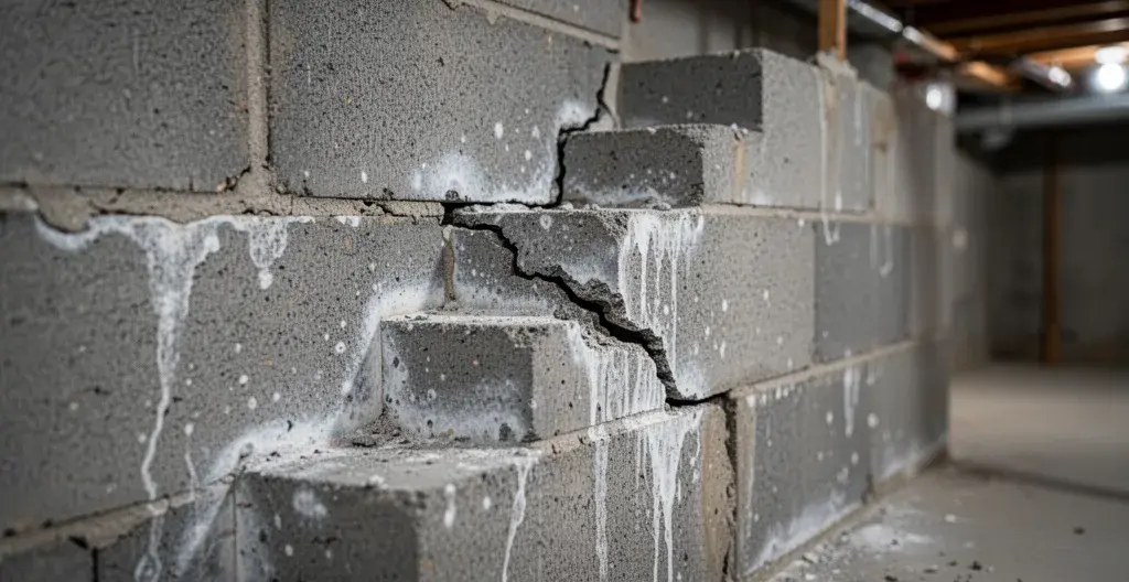 Détail d'une fissure en escalier sur un mur de fondation en blocs de béton avec traces d'efflorescence