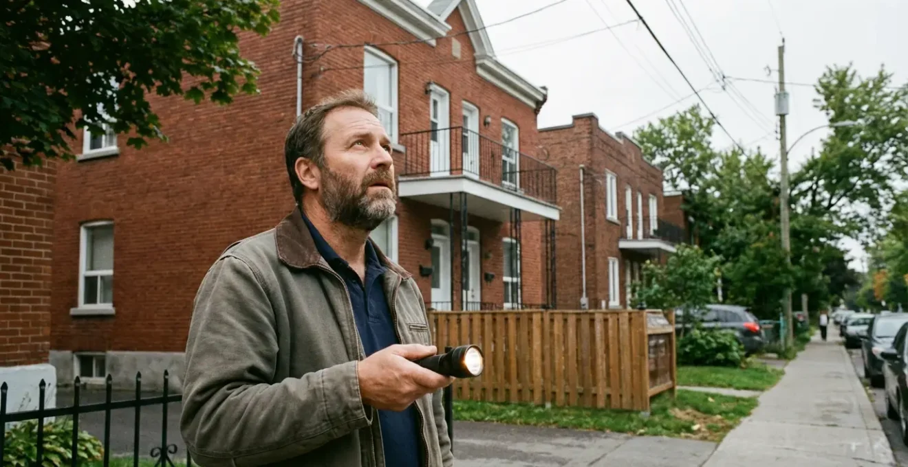 Inspecteur en bâtiment observant la façade d'un duplex montréalais typique en briques rouges