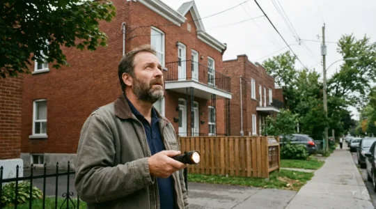 Inspecteur en bâtiment observant la façade d'un duplex montréalais typique en briques rouges