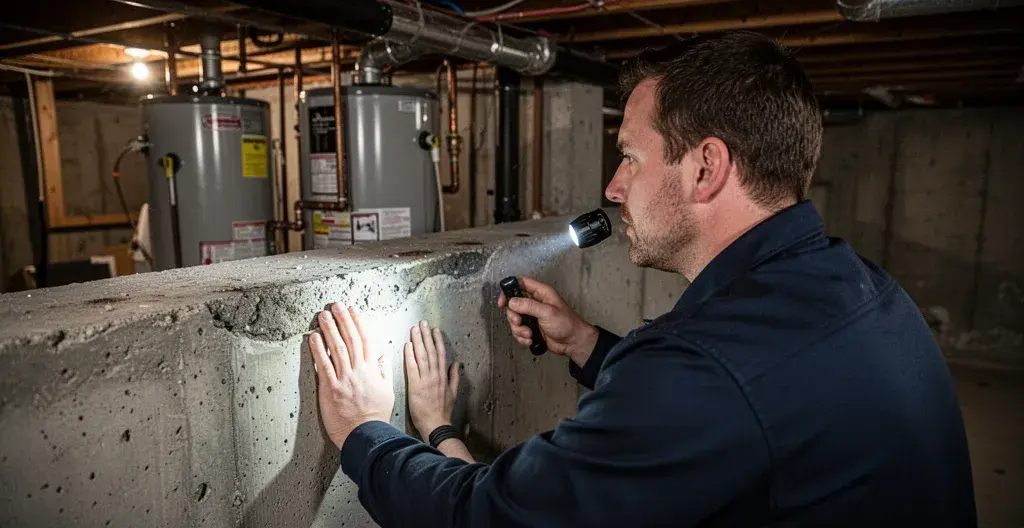 Inspecteur examinant un mur de fondation dans un sous-sol résidentiel montréalais