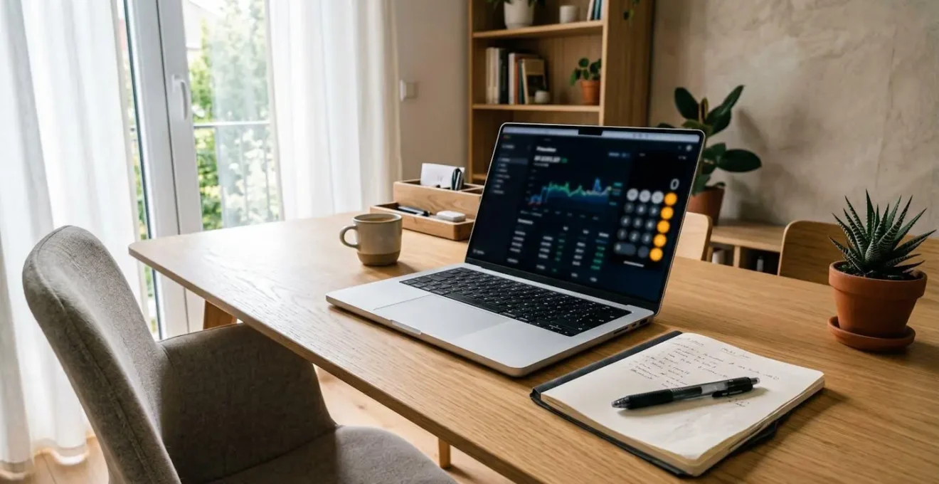 Bureau contemporain lumineux avec ordinateur portable affichant une interface de simulation financière, carnet et stylo posés à côté, lumière naturelle douce provenant d'une fenêtre