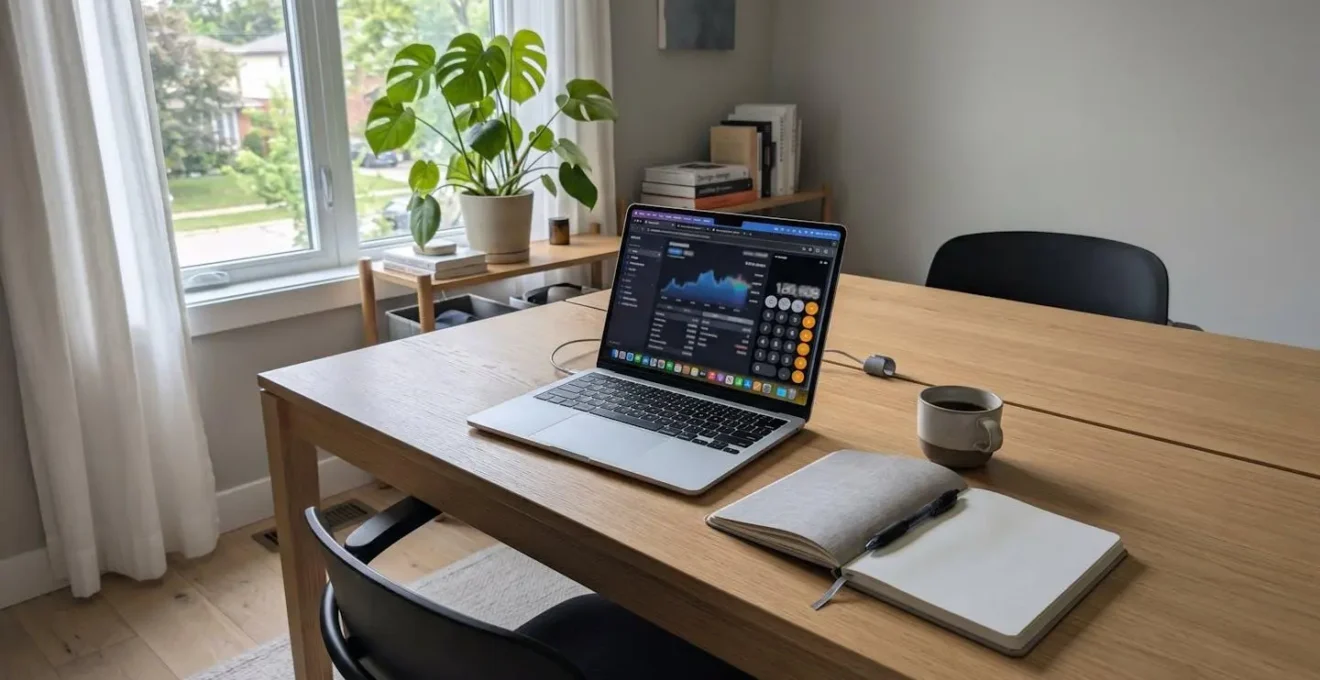 Bureau contemporain lumineux avec ordinateur portable affichant une interface de simulation financière, carnet et stylo posés à côté, lumière naturelle douce provenant d'une fenêtre