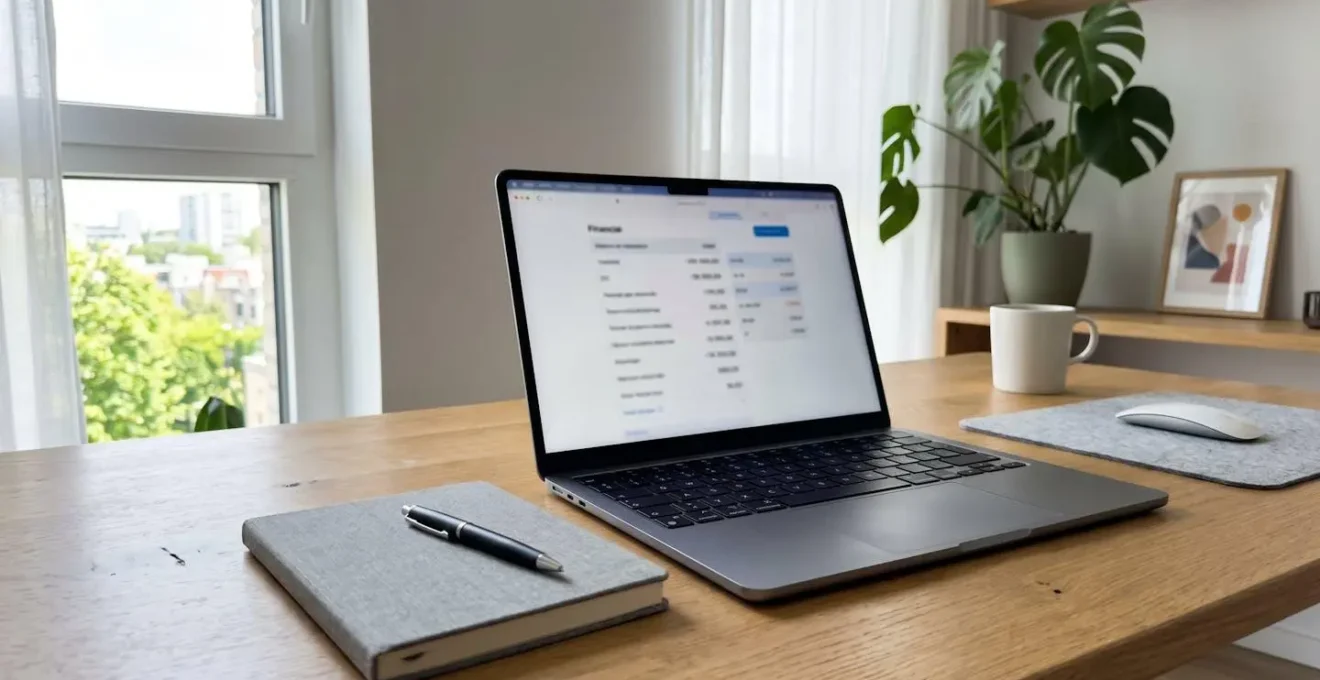 Bureau contemporain lumineux avec ordinateur portable affichant une interface de simulation financière, carnet et stylo posés à côté, lumière naturelle douce provenant d'une fenêtre