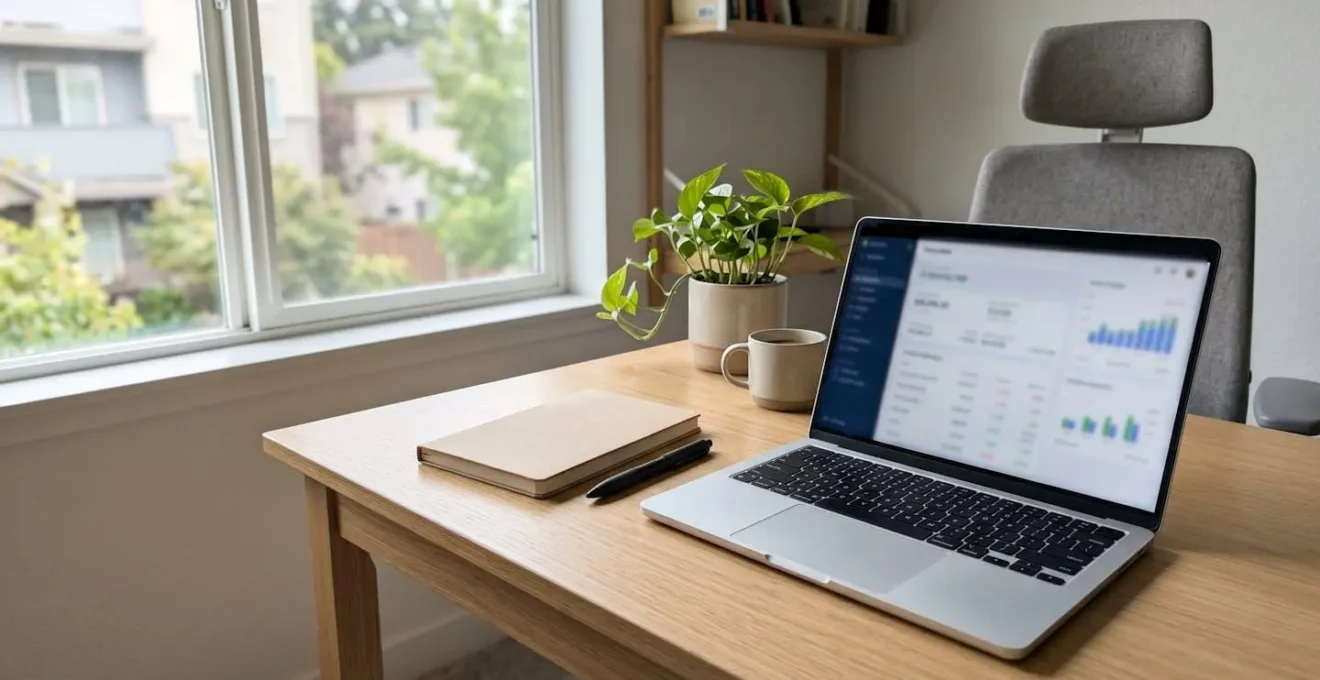 Bureau contemporain lumineux avec ordinateur portable affichant une interface de simulation financière, carnet et stylo posés à côté, lumière naturelle douce provenant d'une fenêtre