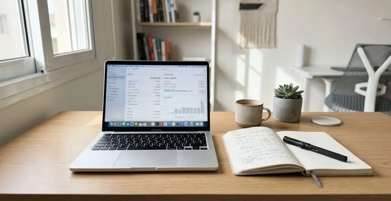 Bureau contemporain lumineux avec ordinateur portable affichant une interface de simulation financière, carnet et stylo posés à côté, lumière naturelle douce provenant d'une fenêtre