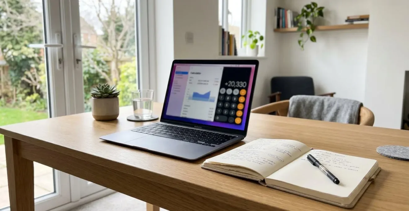 Bureau contemporain lumineux avec ordinateur portable affichant une interface de simulation financière, carnet et stylo posés à côté, lumière naturelle douce provenant d'une fenêtre