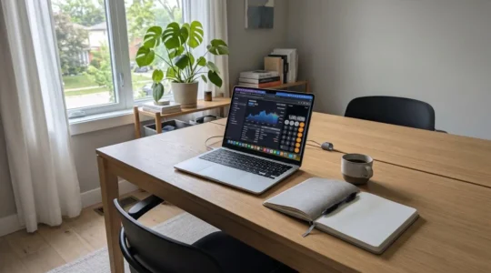 Bureau contemporain lumineux avec ordinateur portable affichant une interface de simulation financière, carnet et stylo posés à côté, lumière naturelle douce provenant d'une fenêtre