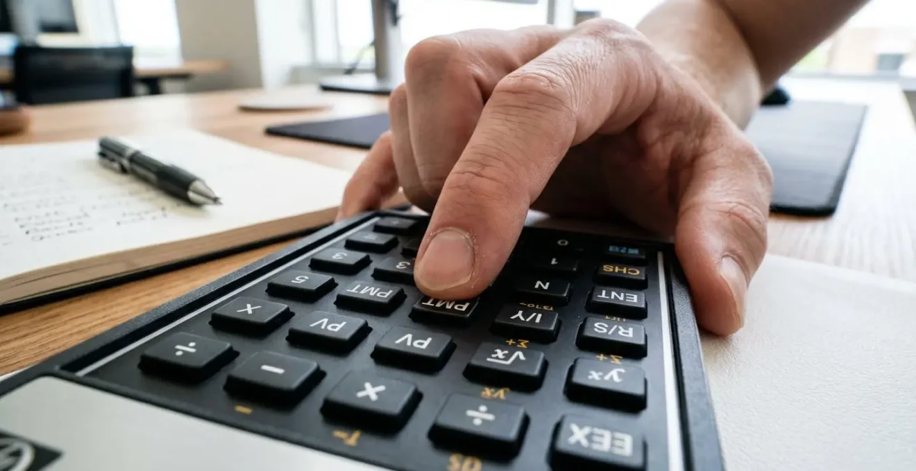 Gros plan sur une main posée sur une calculatrice financière moderne, touches de fonction visibles, arrière-plan flouté avec documents de bureau