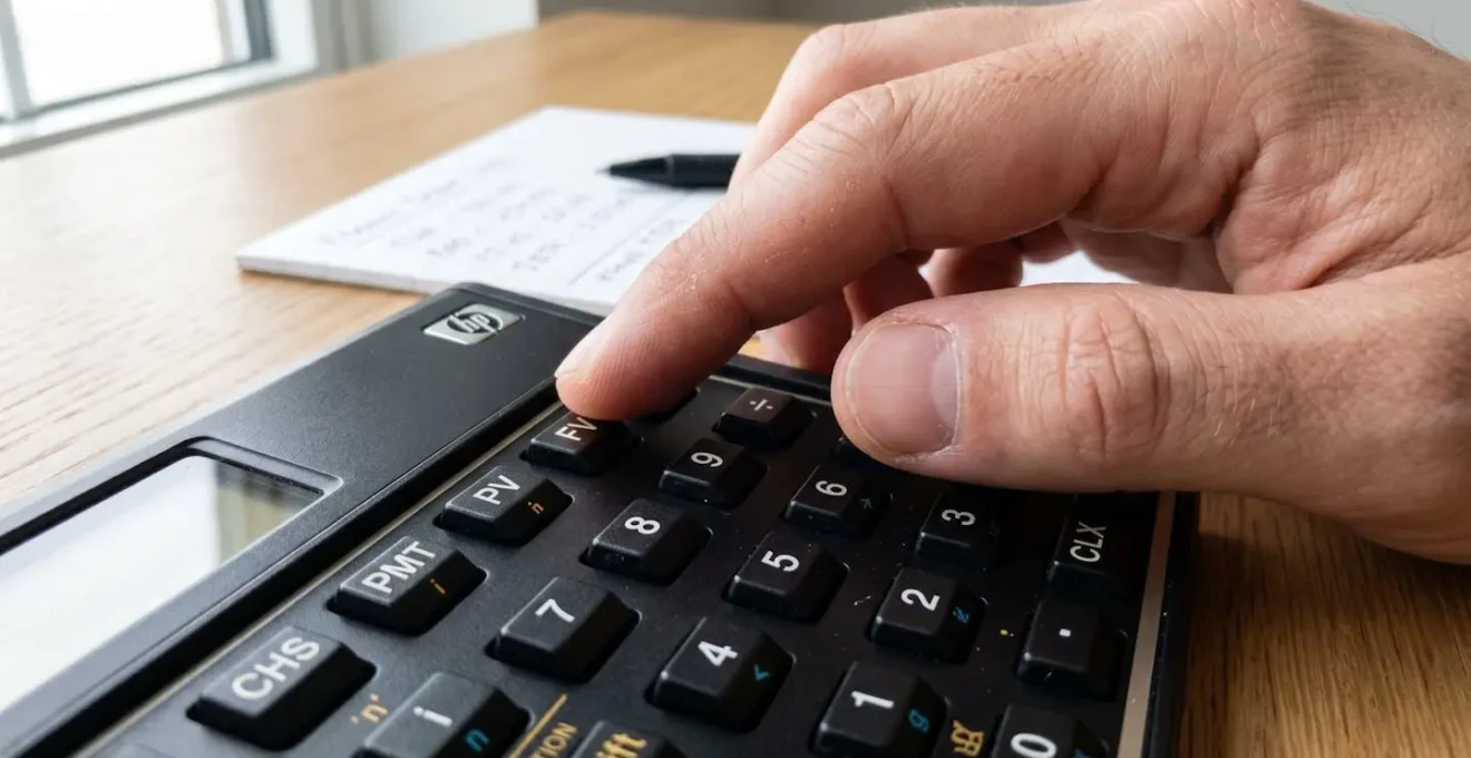 Gros plan sur une main posée sur une calculatrice financière moderne, touches de fonction visibles, arrière-plan flouté avec documents de bureau