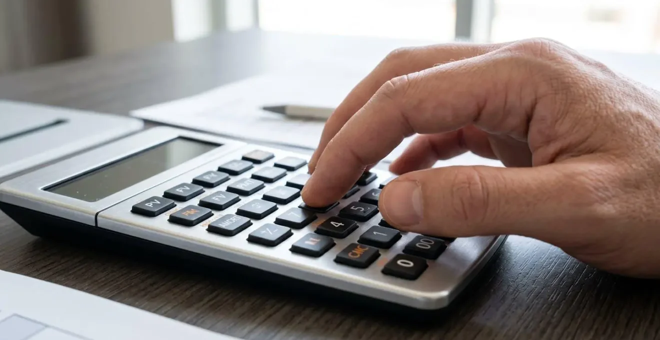 Gros plan sur une main posée sur une calculatrice financière moderne, touches de fonction visibles, arrière-plan flouté avec documents de bureau