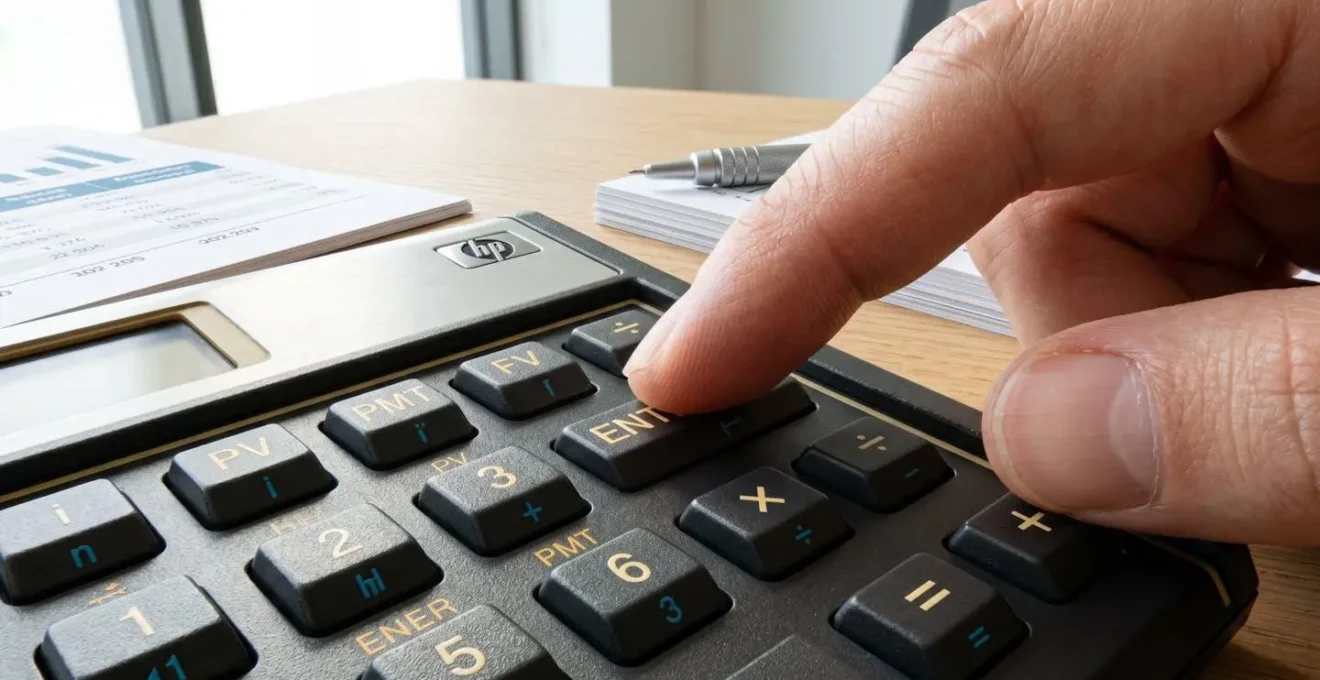 Gros plan sur une main posée sur une calculatrice financière moderne, touches de fonction visibles, arrière-plan flouté avec documents de bureau