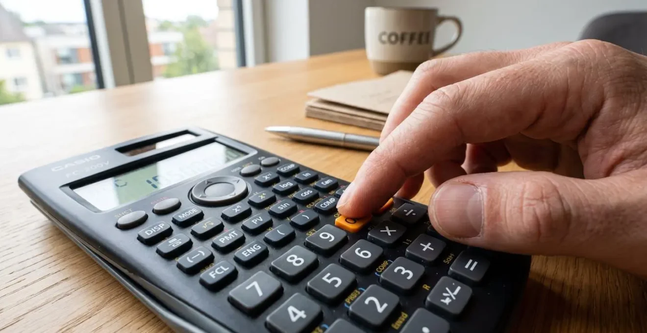 Gros plan sur une main posée sur une calculatrice financière moderne, touches de fonction visibles, arrière-plan flouté avec documents de bureau