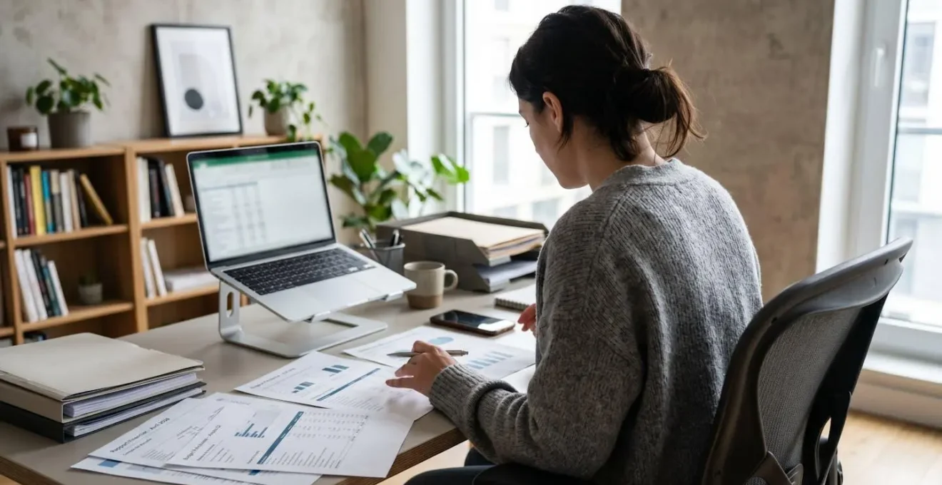 Vue de dos d'une personne consultant des documents financiers sur un bureau moderne à domicile, éclairage naturel ambiant