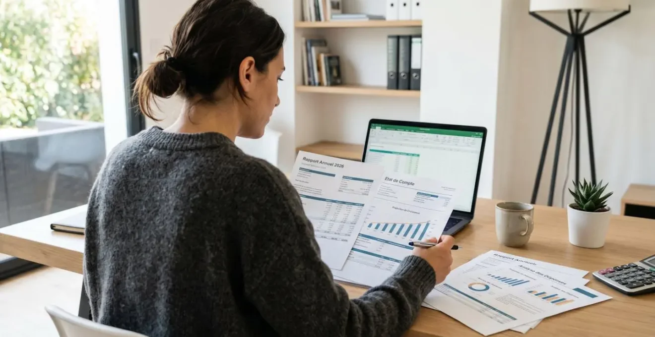 Vue de dos d'une personne consultant des documents financiers sur un bureau moderne à domicile, éclairage naturel ambiant