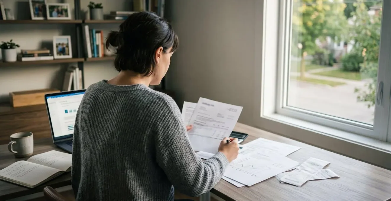 Vue de dos d'une personne consultant des documents financiers sur un bureau moderne à domicile, éclairage naturel ambiant