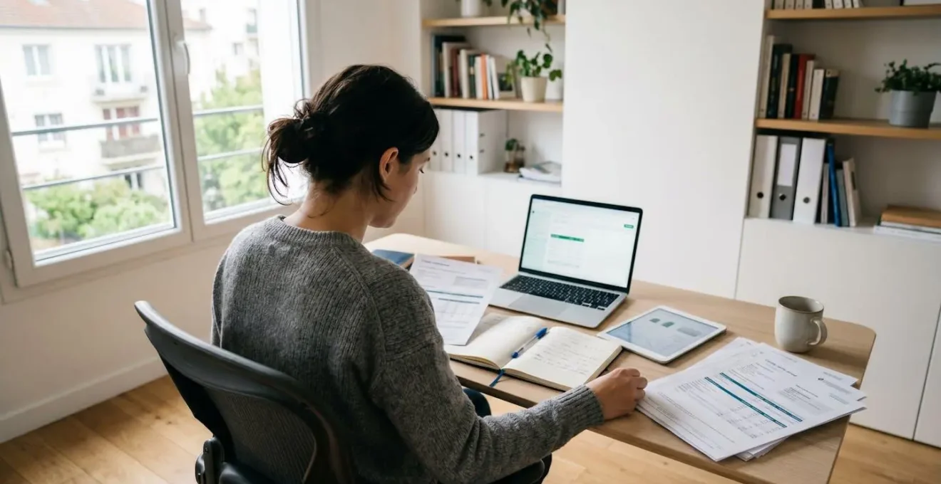 Vue de dos d'une personne consultant des documents financiers sur un bureau moderne à domicile, éclairage naturel ambiant