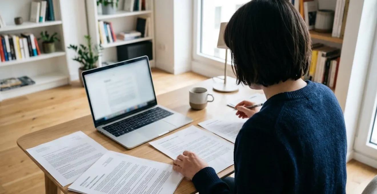 Vue de dos d'une personne consultant des documents financiers sur un bureau moderne à domicile, éclairage naturel ambiant
