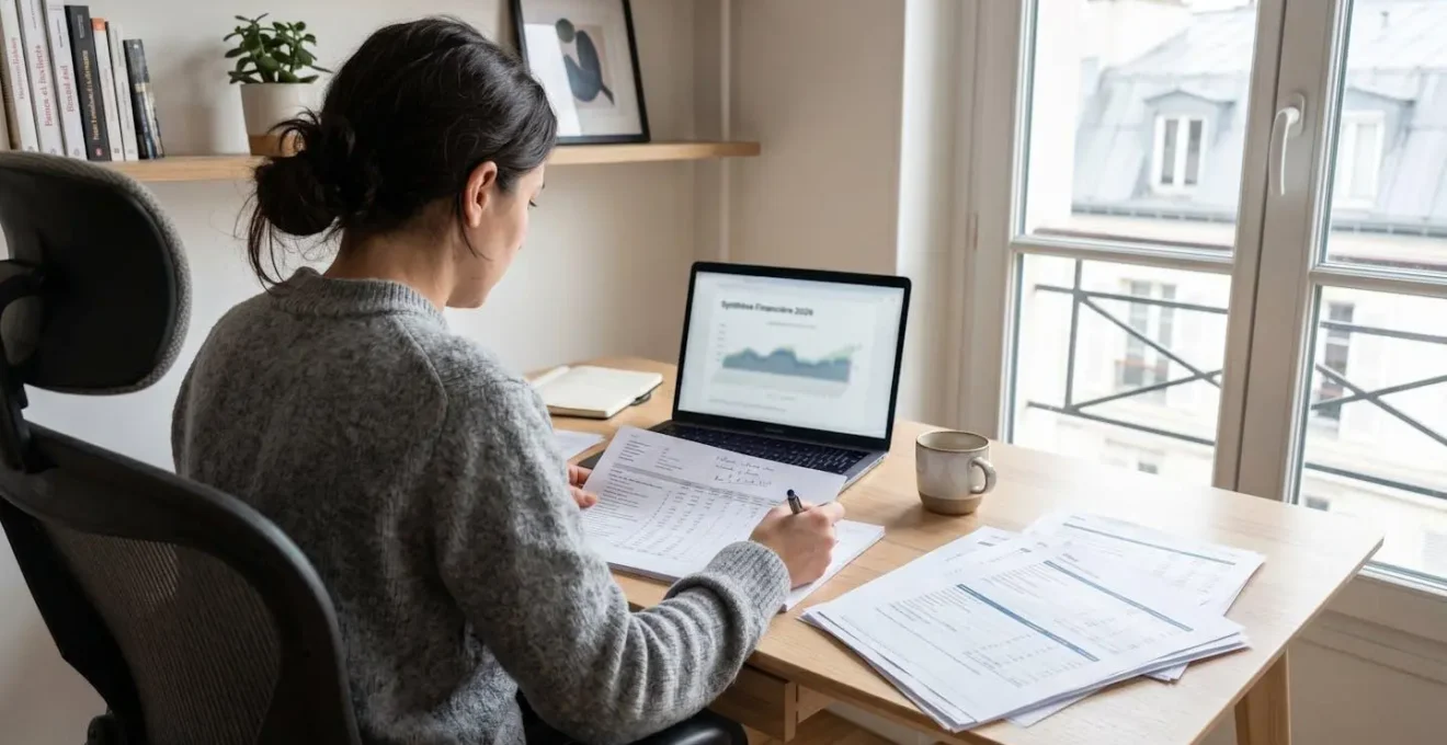 Vue de dos d'une personne consultant des documents financiers sur un bureau moderne à domicile, éclairage naturel ambiant