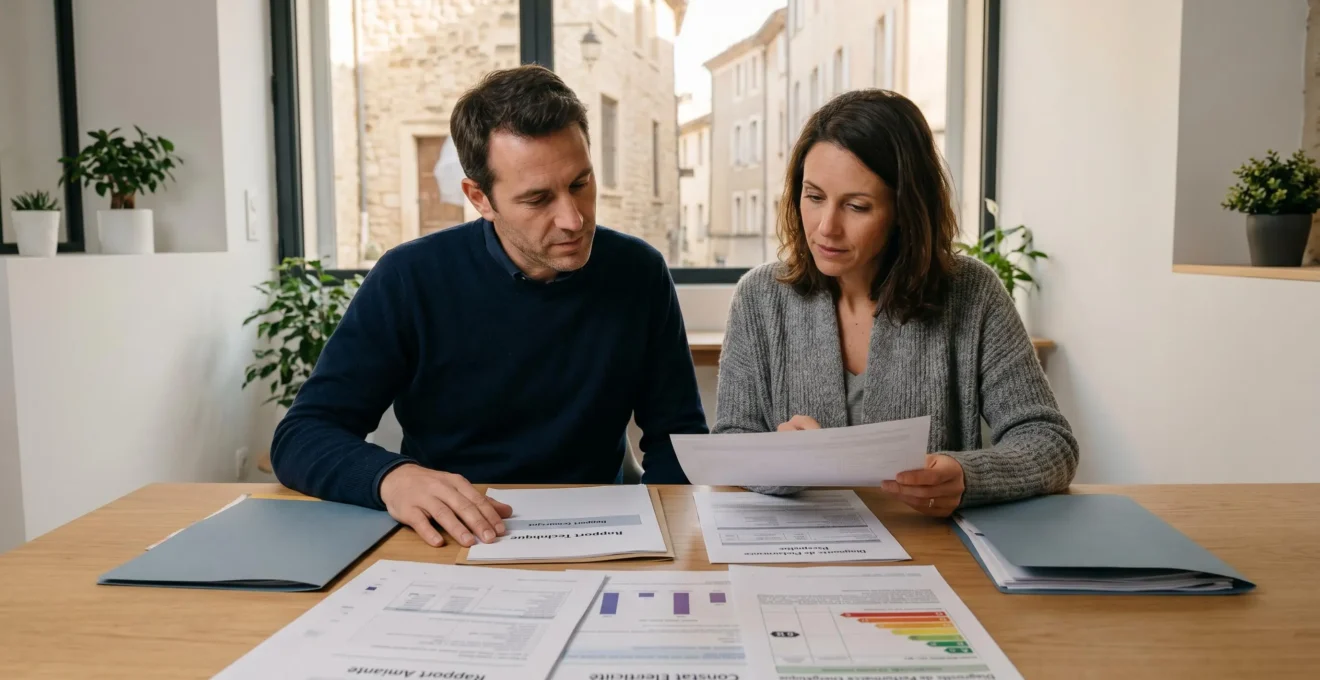 Couple consultant des rapports de diagnostics immobiliers sur une table dans une agence immobilière moderne, avec documents techniques français visibles