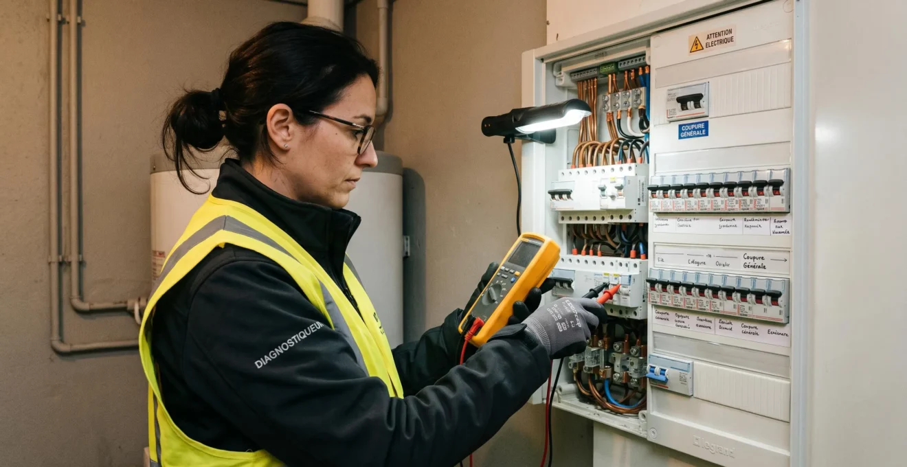 Diagnostiqueur immobilier certifié en gilet de sécurité inspectant un tableau électrique résidentiel français avec un multimètre de test