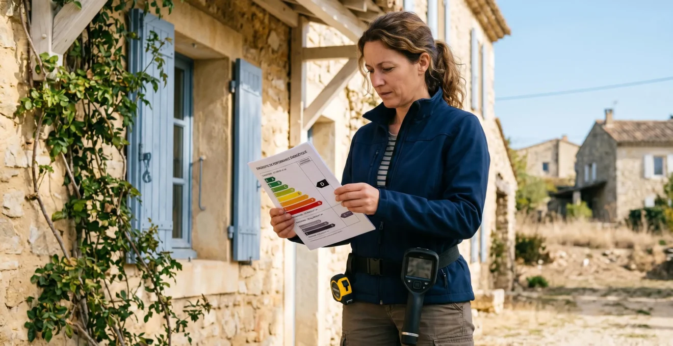 Diagnostiqueur immobilier tenant un rapport de Diagnostic de Performance Énergétique avec l'échelle de classes énergie de A à G en français devant une façade provençale