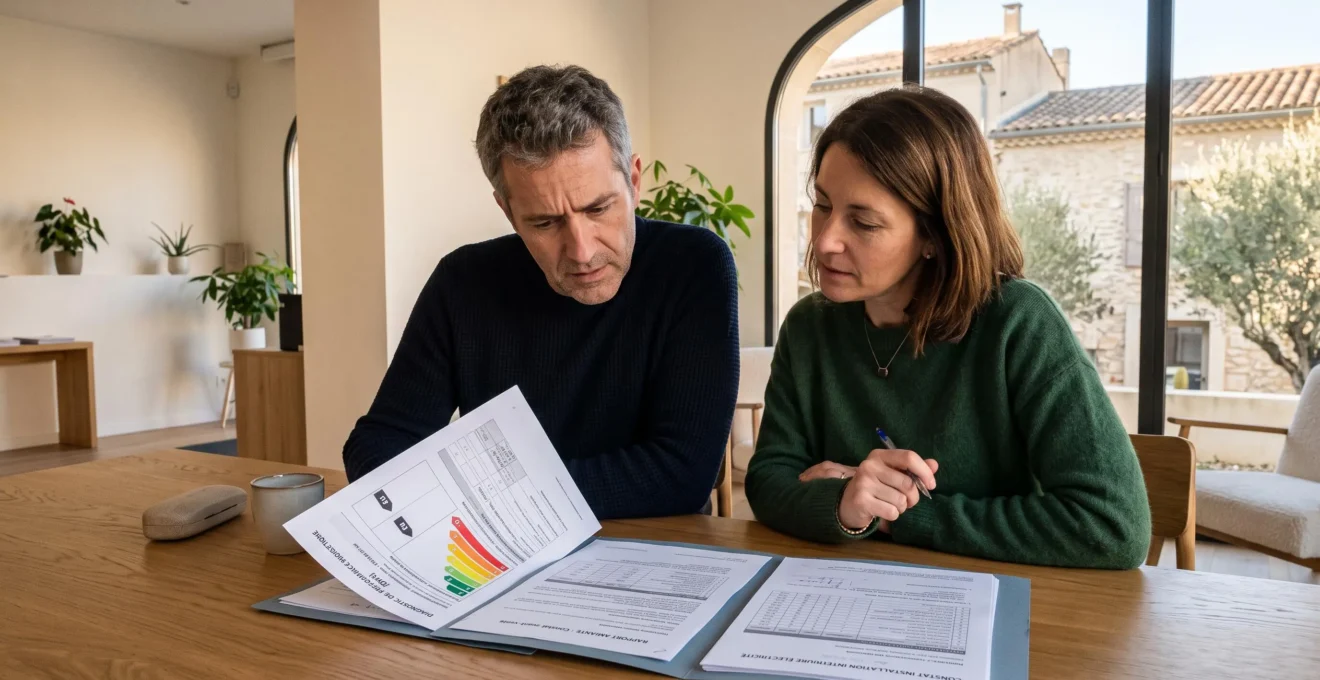 Couple consultant des rapports de diagnostics immobiliers sur une table dans une agence immobilière moderne, avec documents techniques français visibles