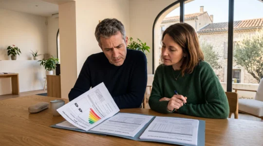 Couple consultant des rapports de diagnostics immobiliers sur une table dans une agence immobilière moderne, avec documents techniques français visibles
