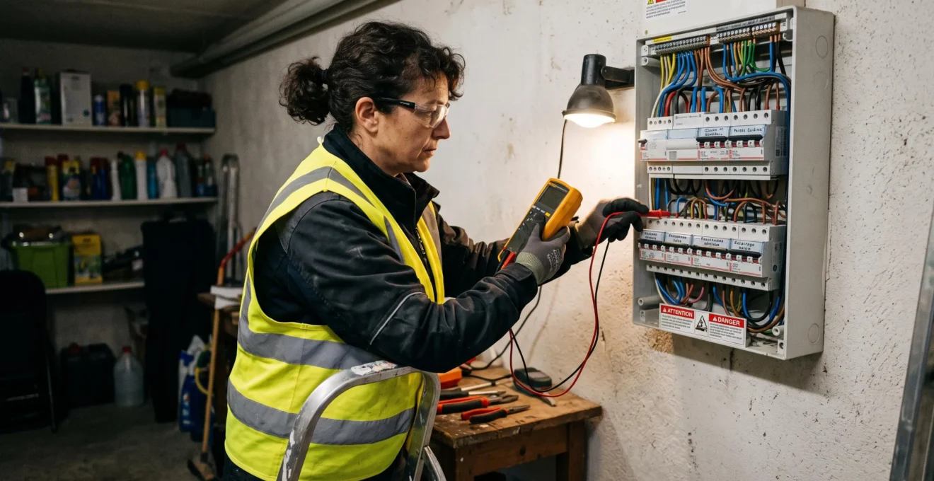 Diagnostiqueur immobilier certifié en gilet de sécurité inspectant un tableau électrique résidentiel français avec un multimètre de test