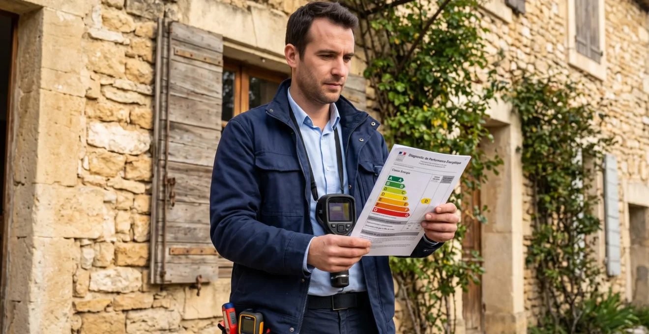 Diagnostiqueur immobilier tenant un rapport de Diagnostic de Performance Énergétique avec l'échelle de classes énergie de A à G en français devant une façade provençale